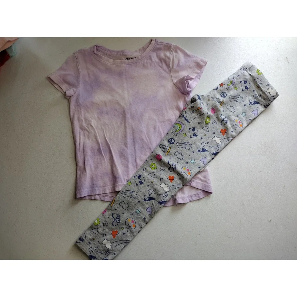 Old Navy Purple Tie Dye‎ Shirt & Cat & Jack Doodle Leggings Set Girls Size S 6-7